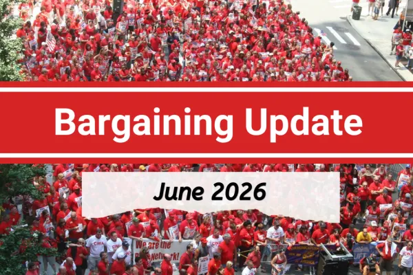 crowd of members in red with Bargaining Update June 2026 text