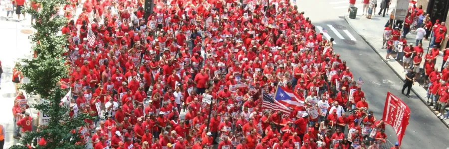 CWA paraders in red